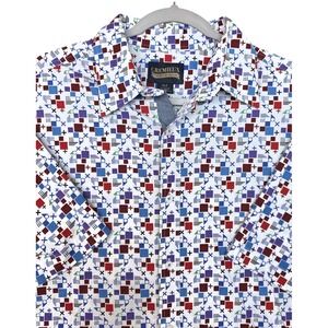 Cremieux Shirt Mens XLT White Multicolor Geometric Short Sleeve Button Front